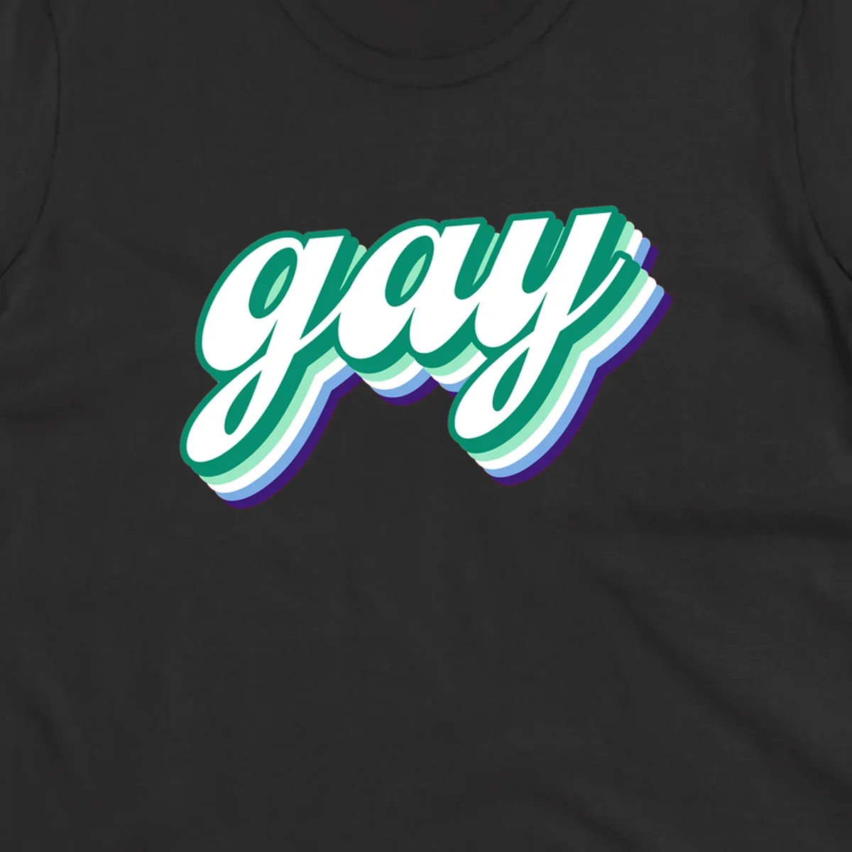 Gay pride layered script design with 3D rainbow color effect in teal, green, blue, and purple