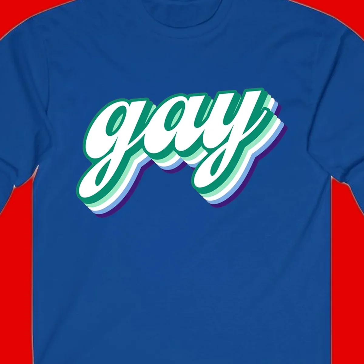 Gay pride layered script design with 3D rainbow color effect in teal, green, blue, and purple
