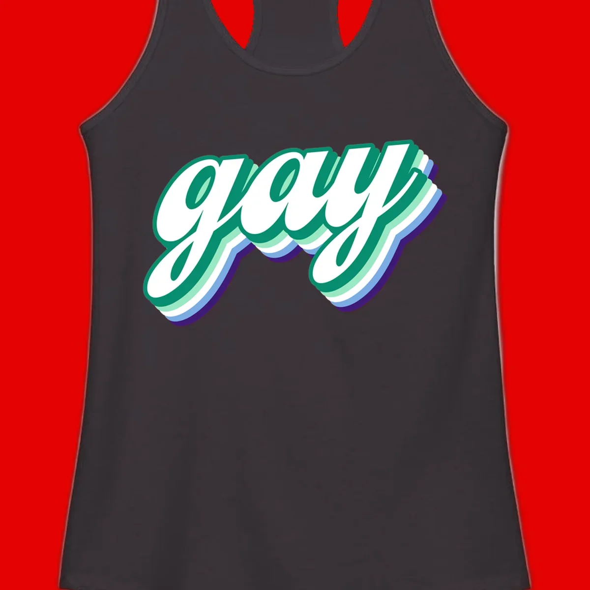 Gay pride layered script design with 3D rainbow color effect in teal, green, blue, and purple