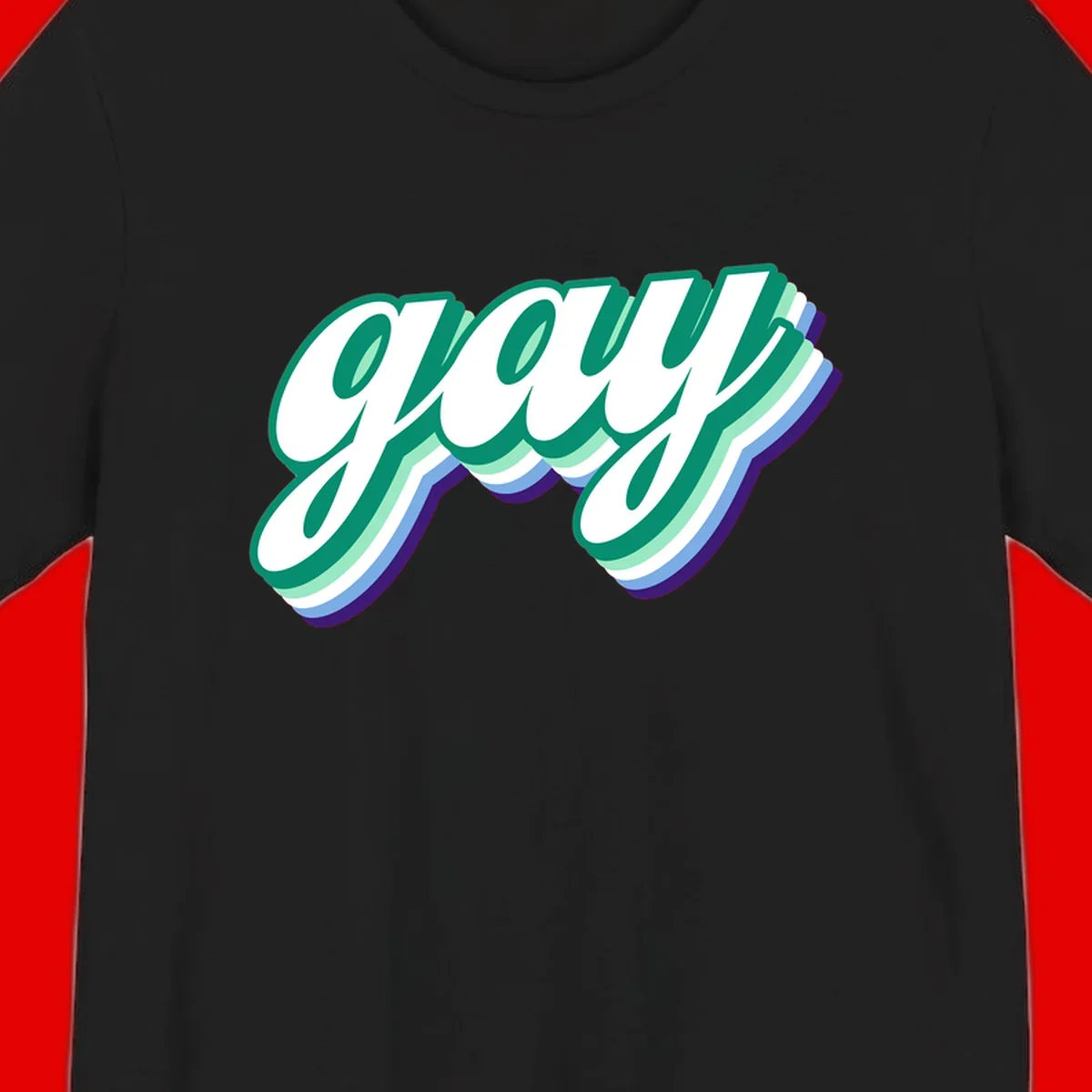 Gay pride layered script design with 3D rainbow color effect in teal, green, blue, and purple