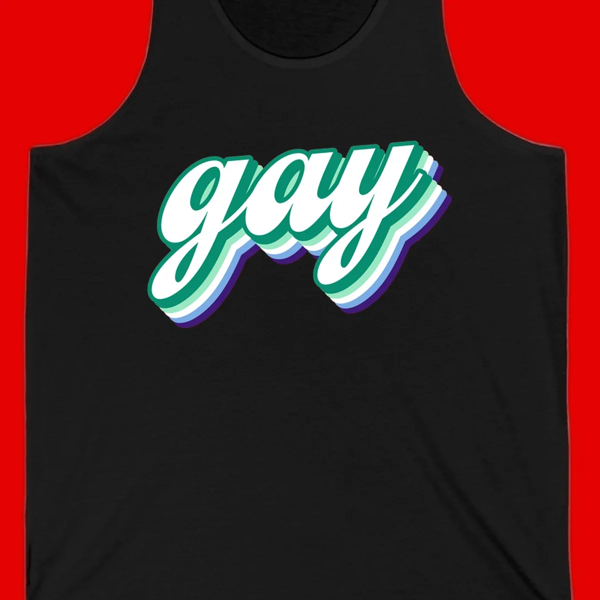 Gay pride layered script design with 3D rainbow color effect in teal, green, blue, and purple