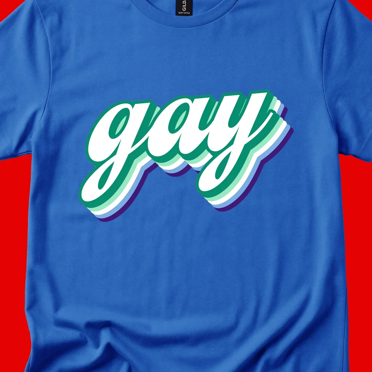 Gay pride layered script design with 3D rainbow color effect in teal, green, blue, and purple