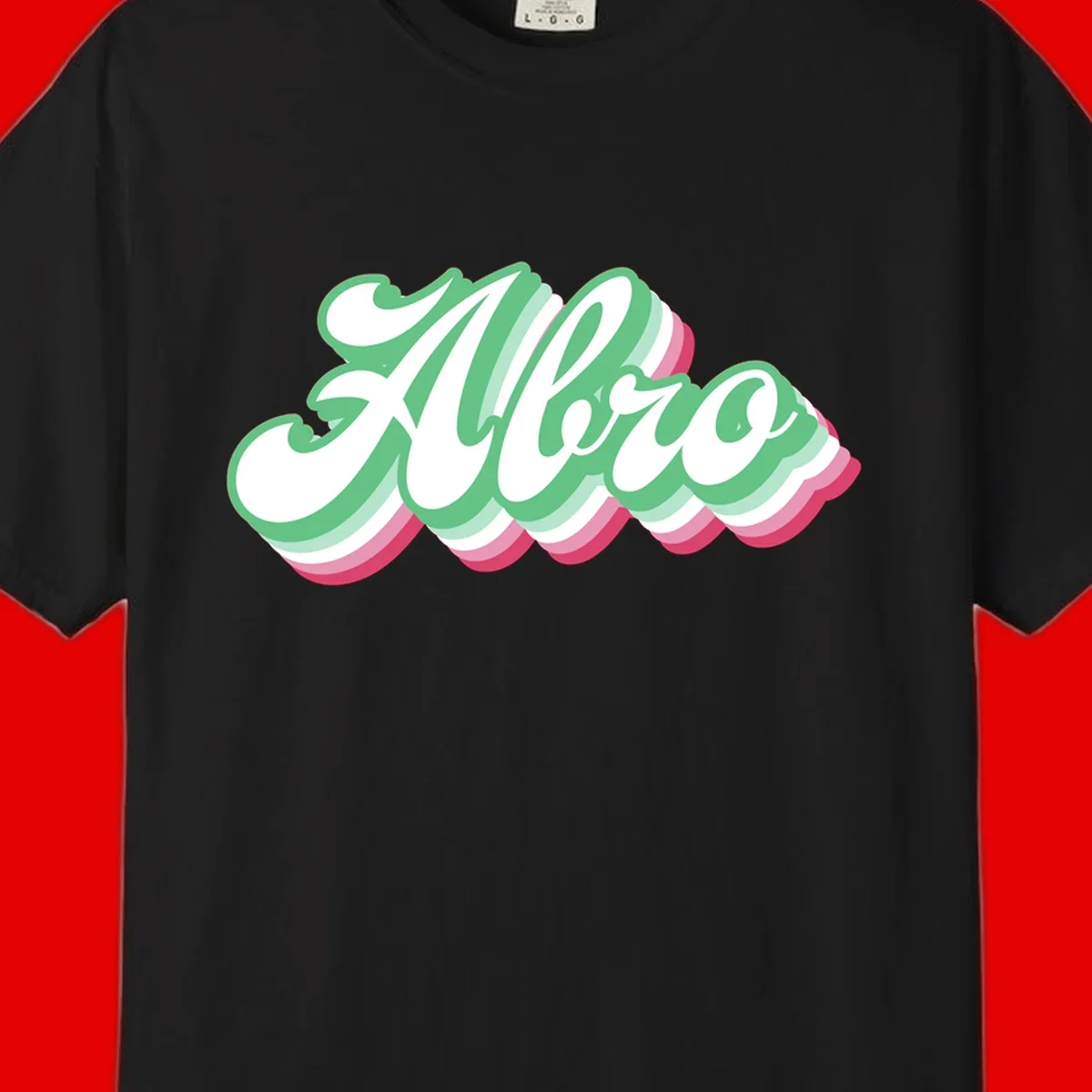 Hello wavy pride design featuring bold 3D layered text in green, pink, and white with striped pattern effect
