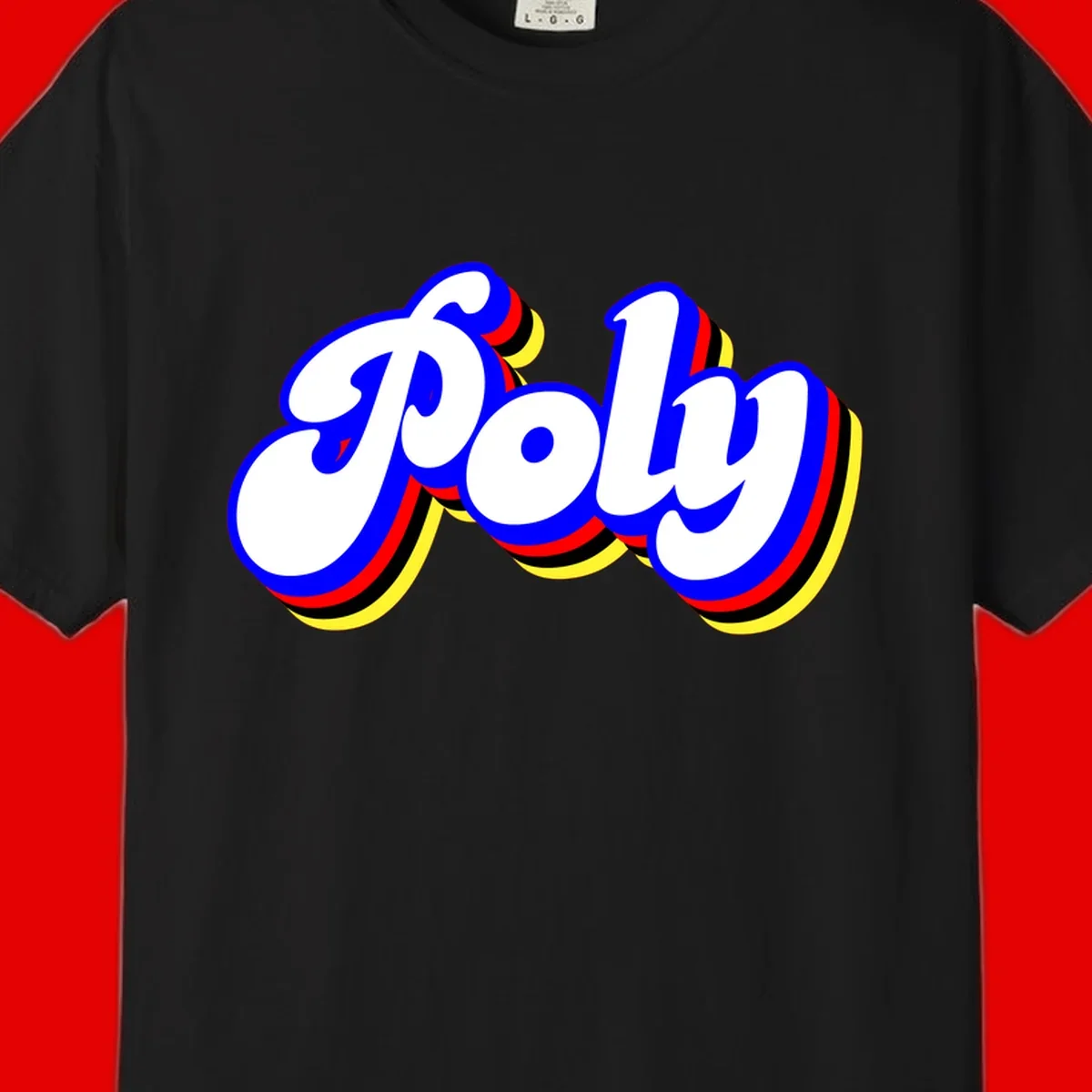 Bold retro 'POP' text with 3D blue outline and colorful red, yellow, black striped bands on gray background