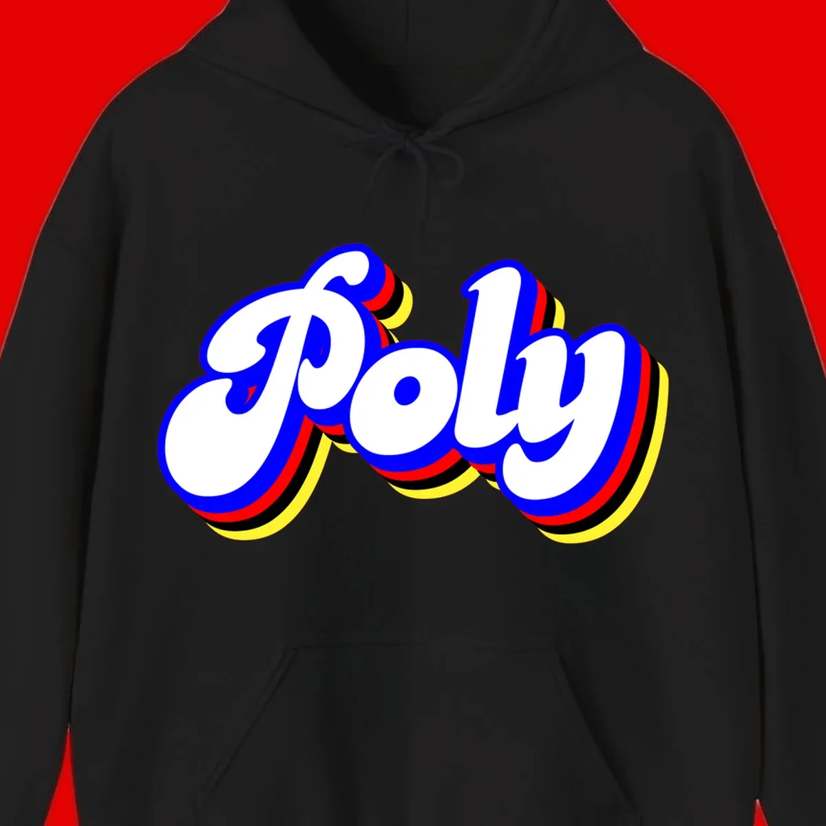 Bold retro 'POP' text with 3D blue outline and colorful red, yellow, black striped bands on gray background