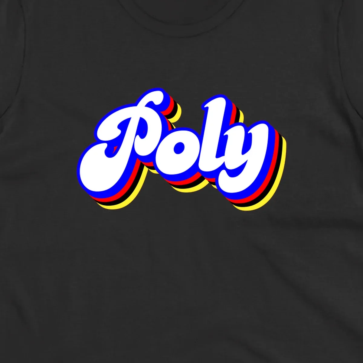 Bold retro 'POP' text with 3D blue outline and colorful red, yellow, black striped bands on gray background