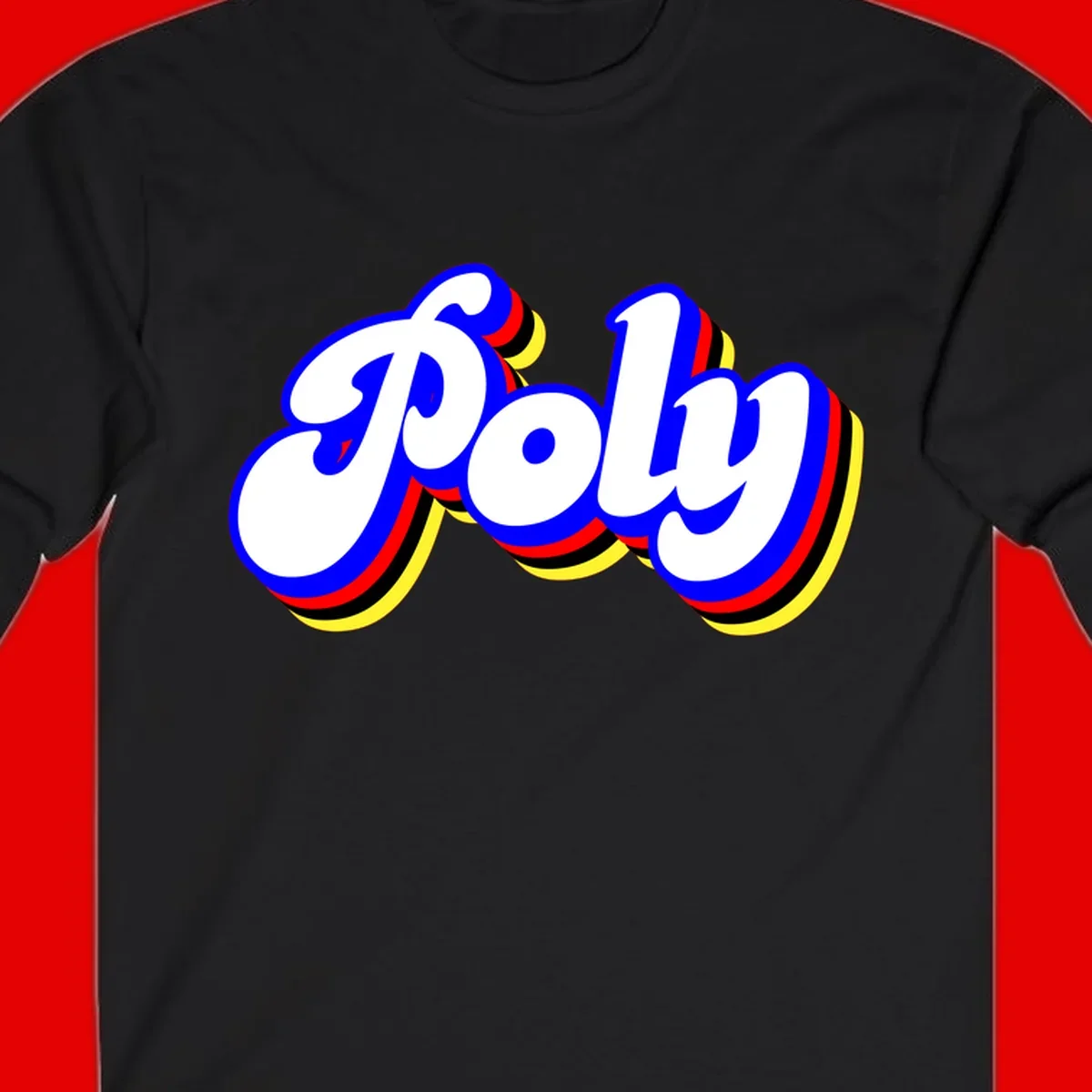 Bold retro 'POP' text with 3D blue outline and colorful red, yellow, black striped bands on gray background