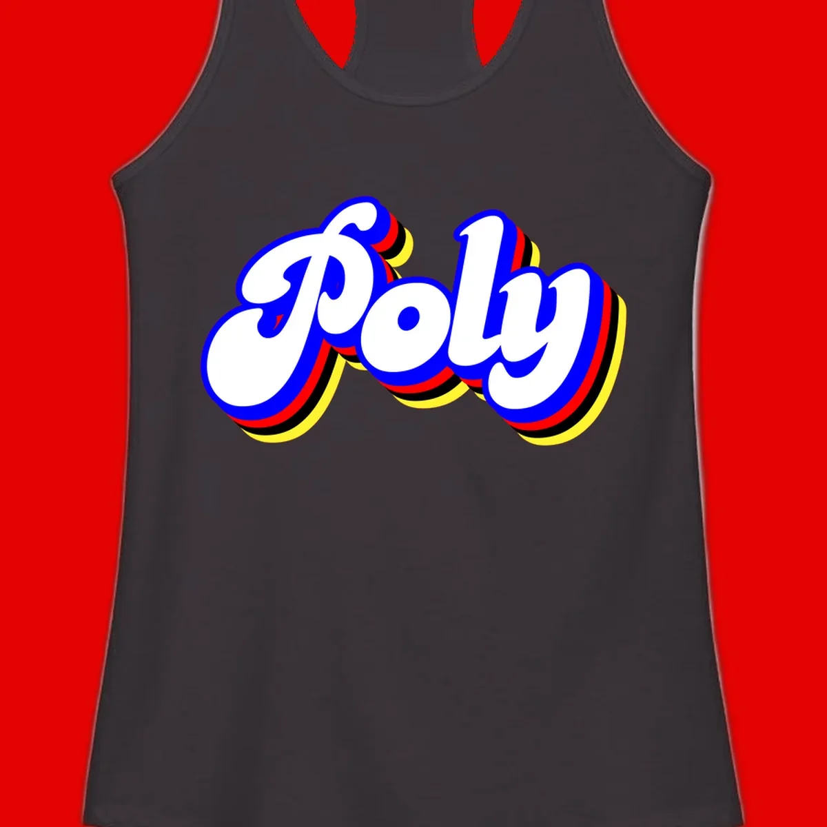 Bold retro 'POP' text with 3D blue outline and colorful red, yellow, black striped bands on gray background