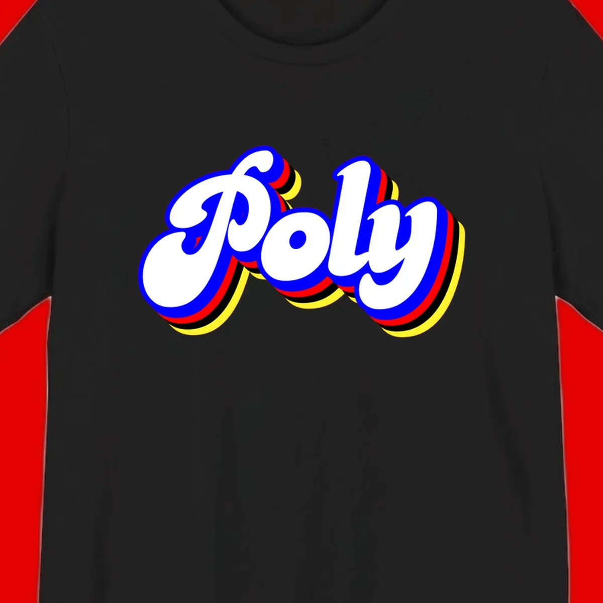 Bold retro 'POP' text with 3D blue outline and colorful red, yellow, black striped bands on gray background