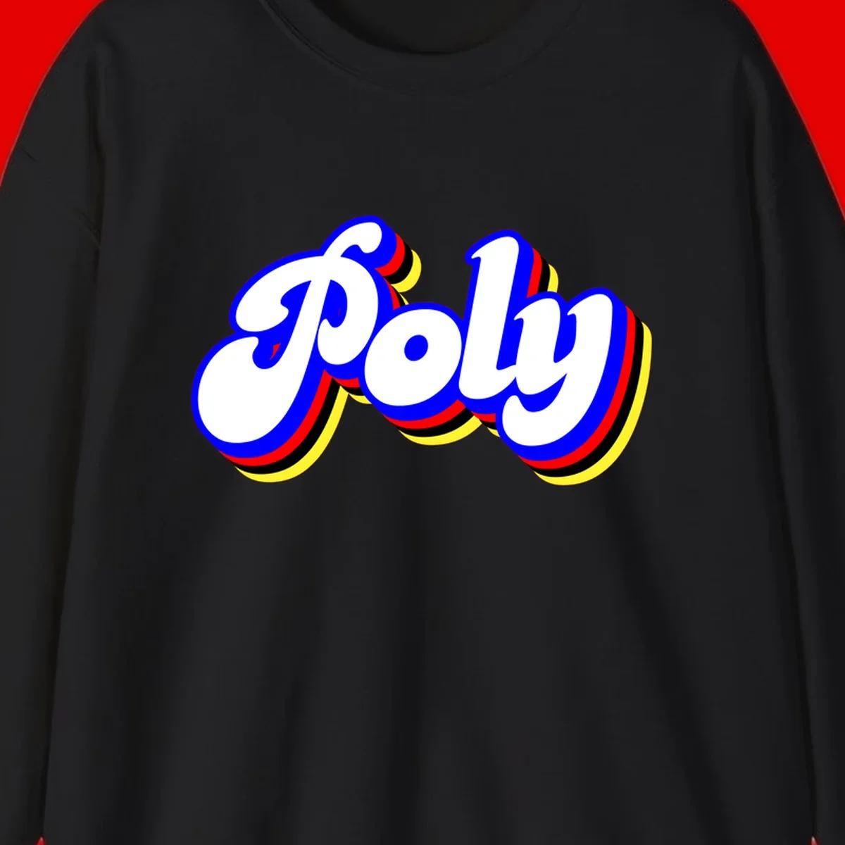 Bold retro 'POP' text with 3D blue outline and colorful red, yellow, black striped bands on gray background