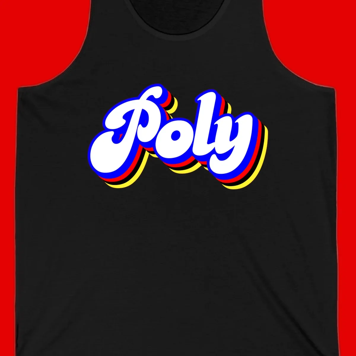 Bold retro 'POP' text with 3D blue outline and colorful red, yellow, black striped bands on gray background