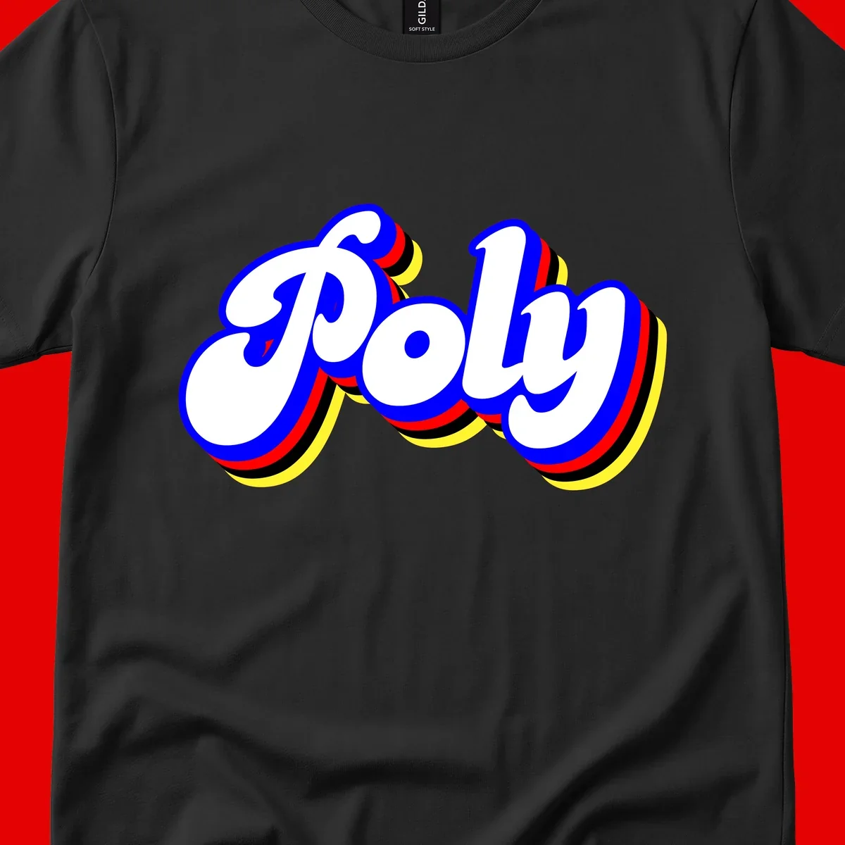 Bold retro 'POP' text with 3D blue outline and colorful red, yellow, black striped bands on gray background