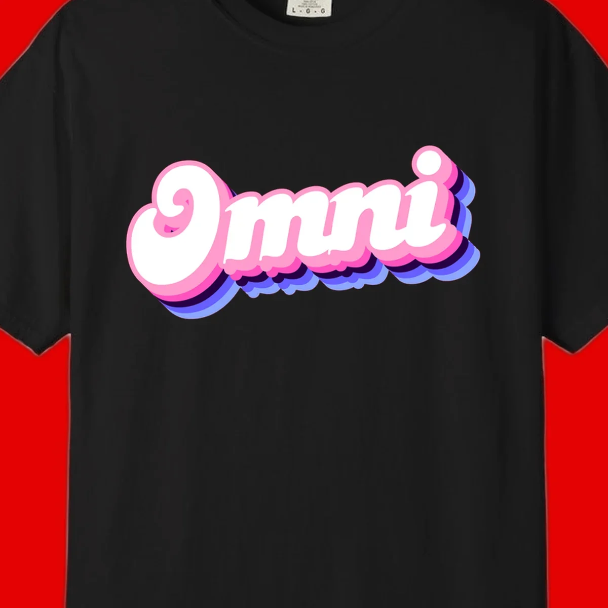 Bold pink 3D bubble text spelling 'OMG' with purple and blue dimensional shadow layering effects
