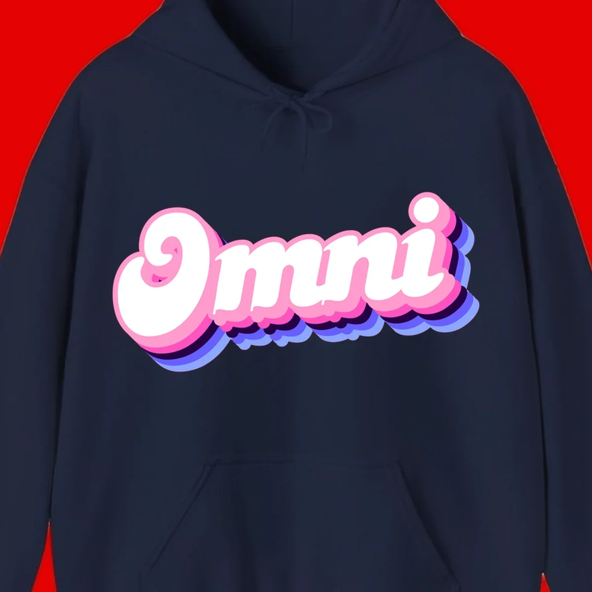 Bold pink 3D bubble text spelling 'OMG' with purple and blue dimensional shadow layering effects