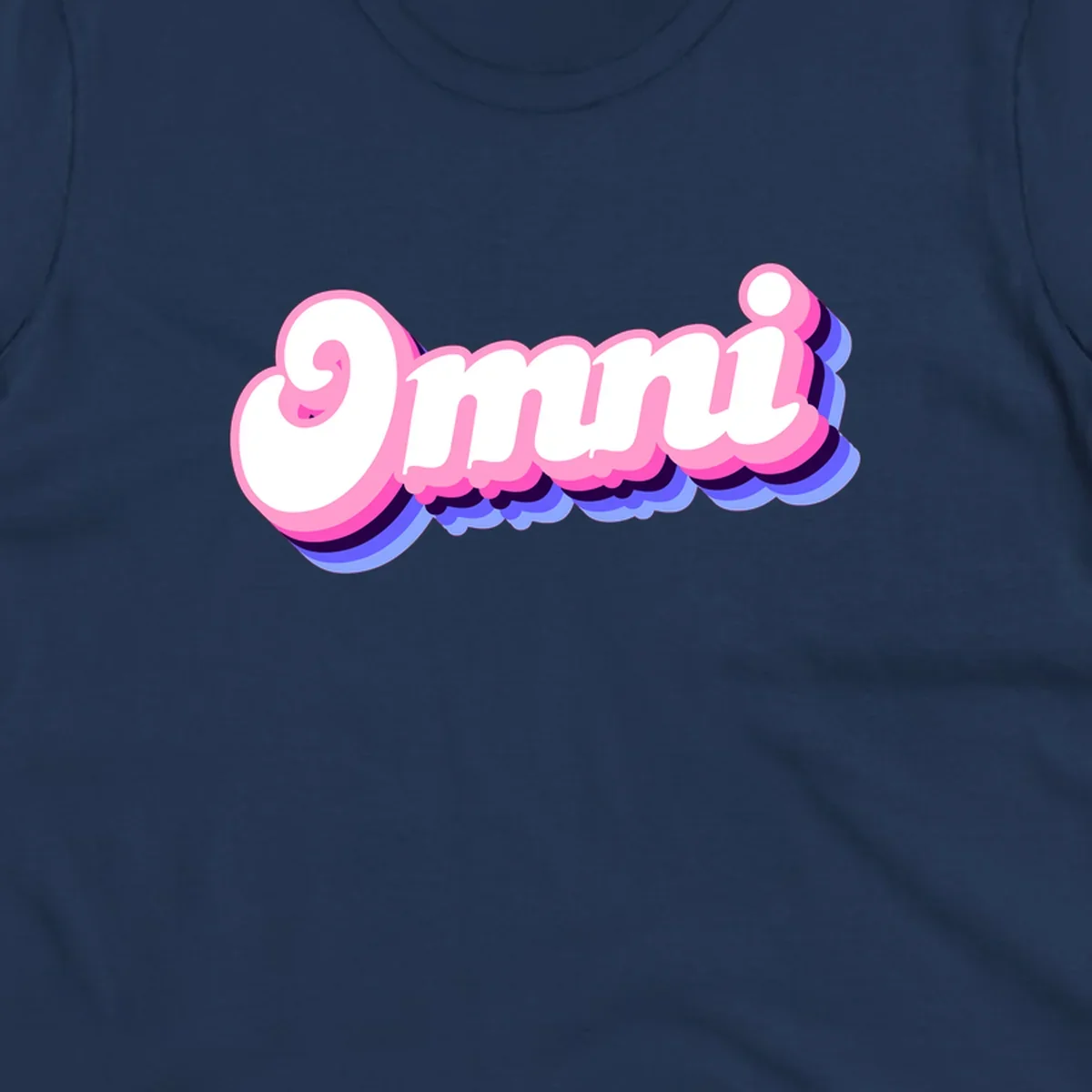 Bold pink 3D bubble text spelling 'OMG' with purple and blue dimensional shadow layering effects