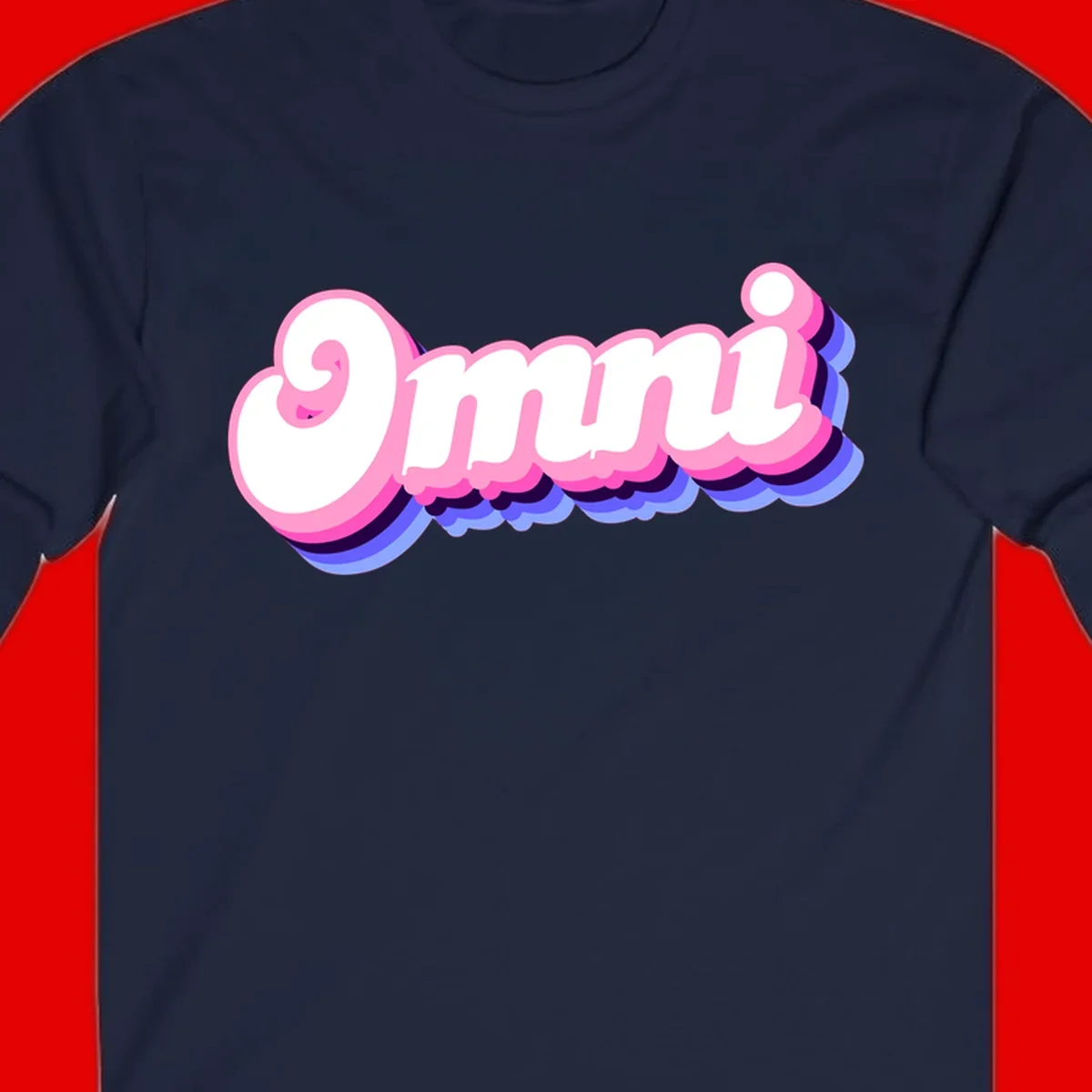 Bold pink 3D bubble text spelling 'OMG' with purple and blue dimensional shadow layering effects
