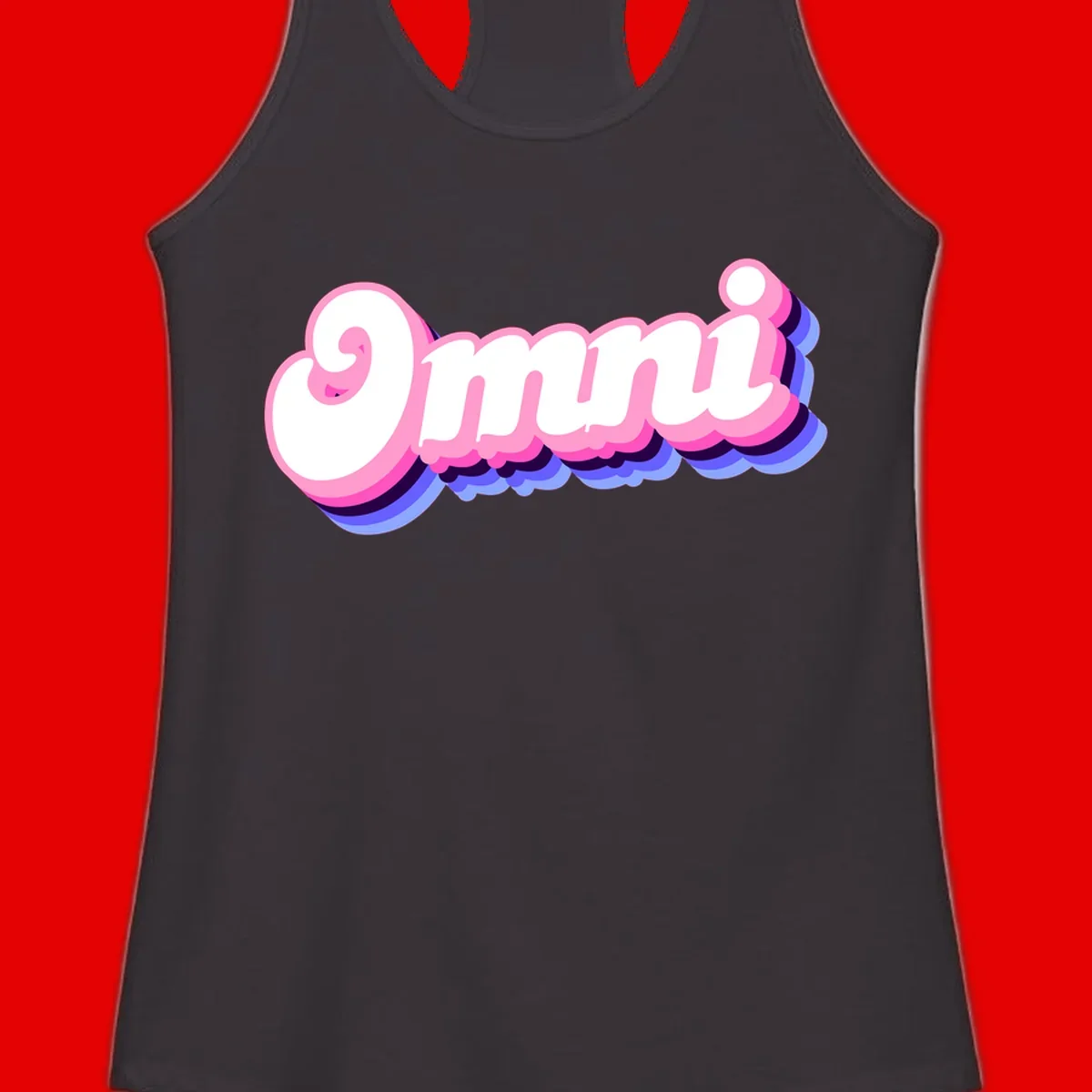 Bold pink 3D bubble text spelling 'OMG' with purple and blue dimensional shadow layering effects