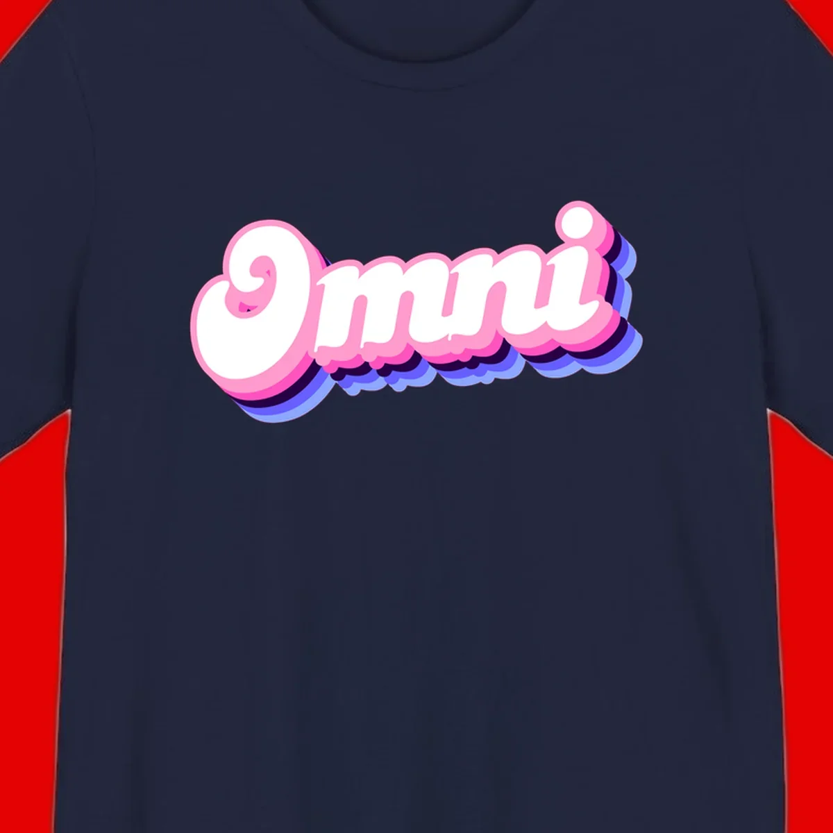 Bold pink 3D bubble text spelling 'OMG' with purple and blue dimensional shadow layering effects