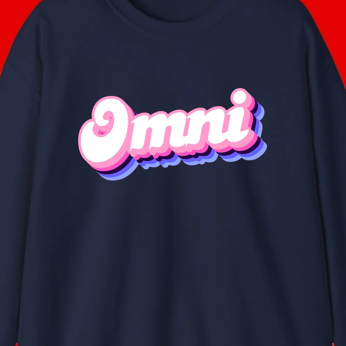 Bold pink 3D bubble text spelling 'OMG' with purple and blue dimensional shadow layering effects