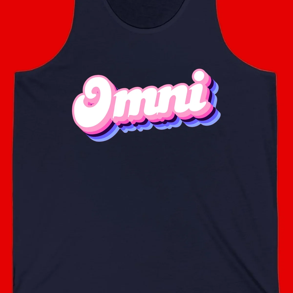 Bold pink 3D bubble text spelling 'OMG' with purple and blue dimensional shadow layering effects