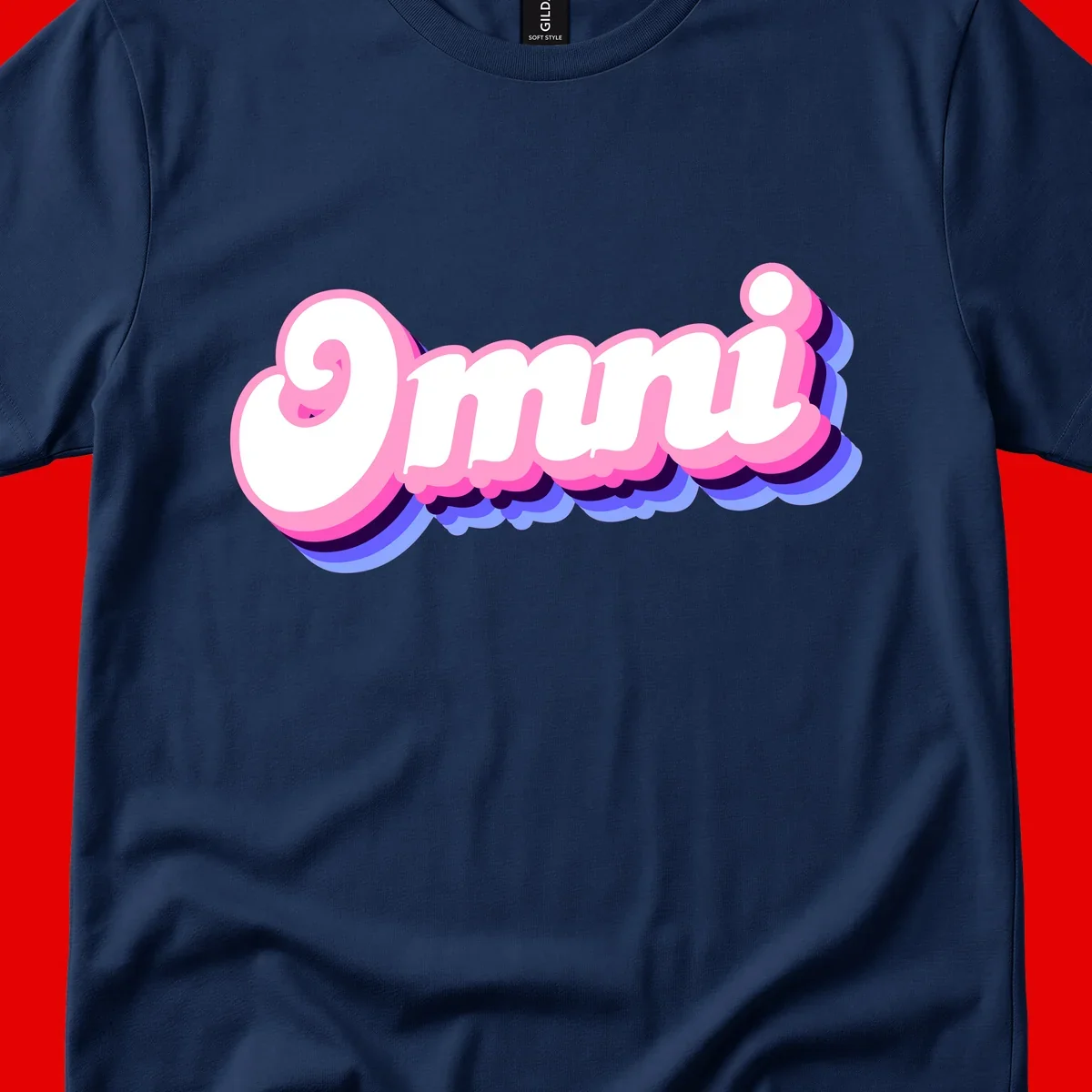 Bold pink 3D bubble text spelling 'OMG' with purple and blue dimensional shadow layering effects