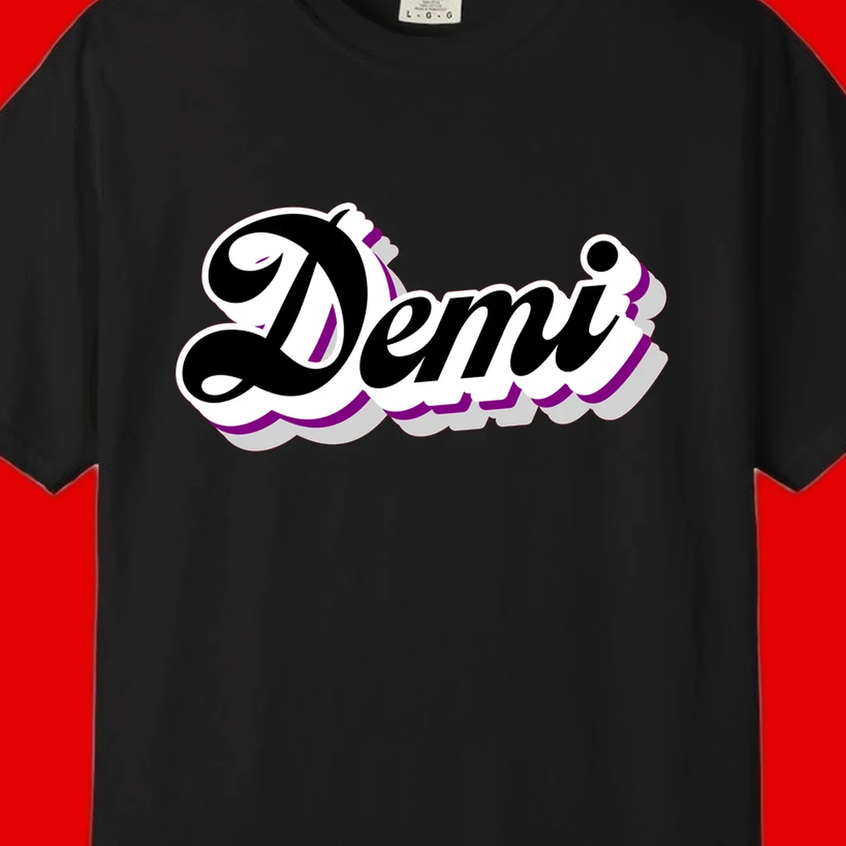 Demi script name design with purple accents and cloud-shaped background layers