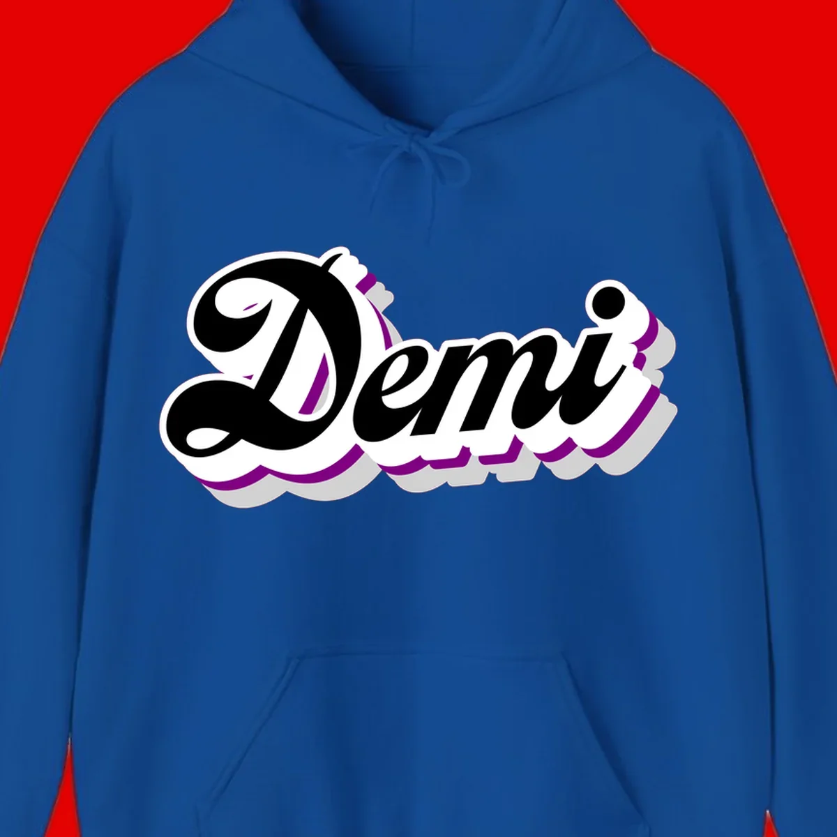 Demi script name design with purple accents and cloud-shaped background layers