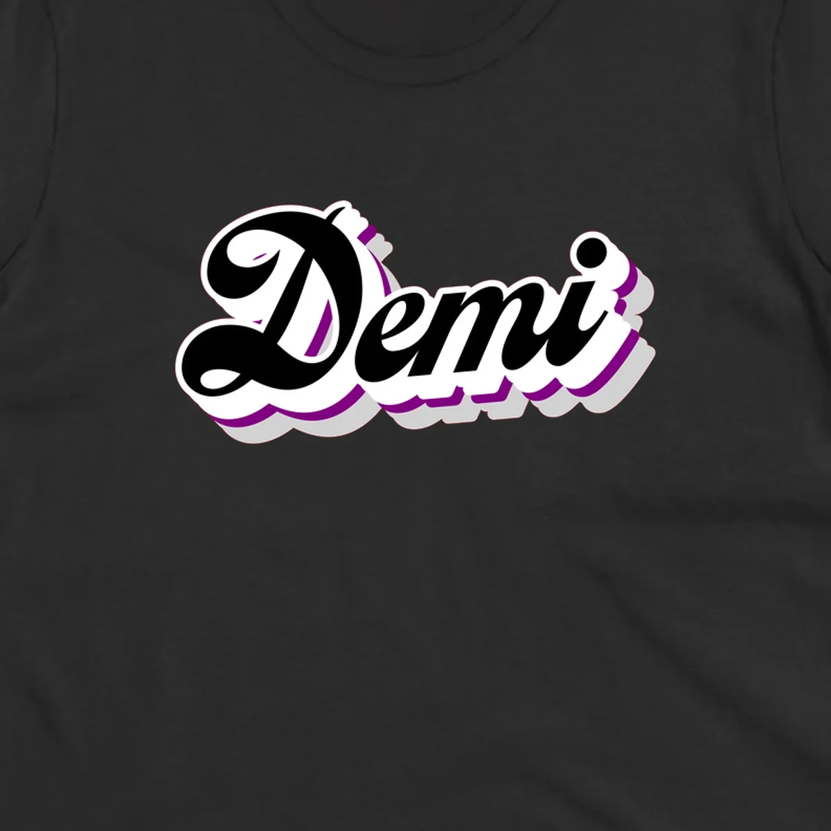 Demi script name design with purple accents and cloud-shaped background layers