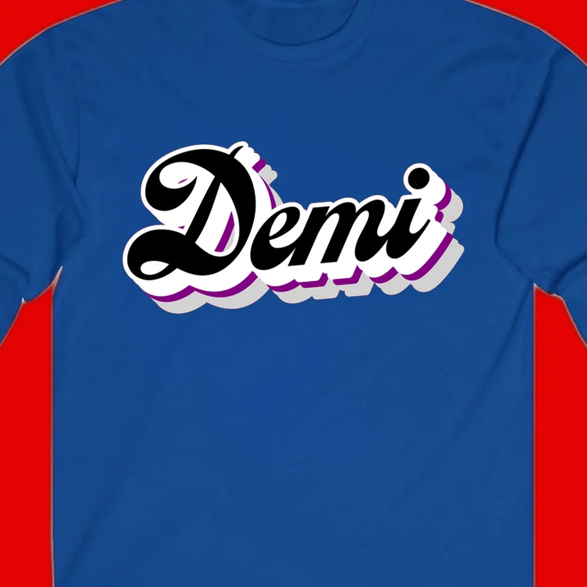 Demi script name design with purple accents and cloud-shaped background layers