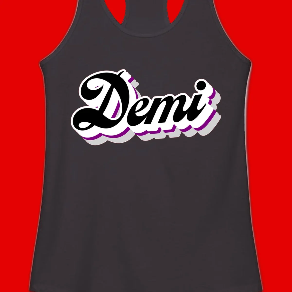 Demi script name design with purple accents and cloud-shaped background layers
