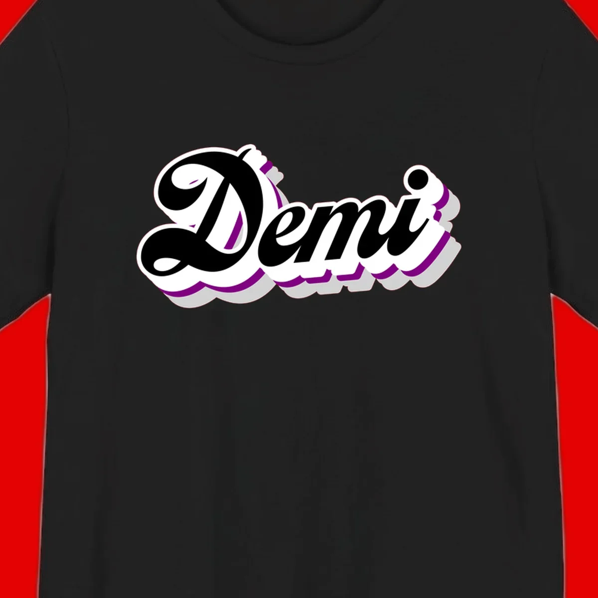 Demi script name design with purple accents and cloud-shaped background layers
