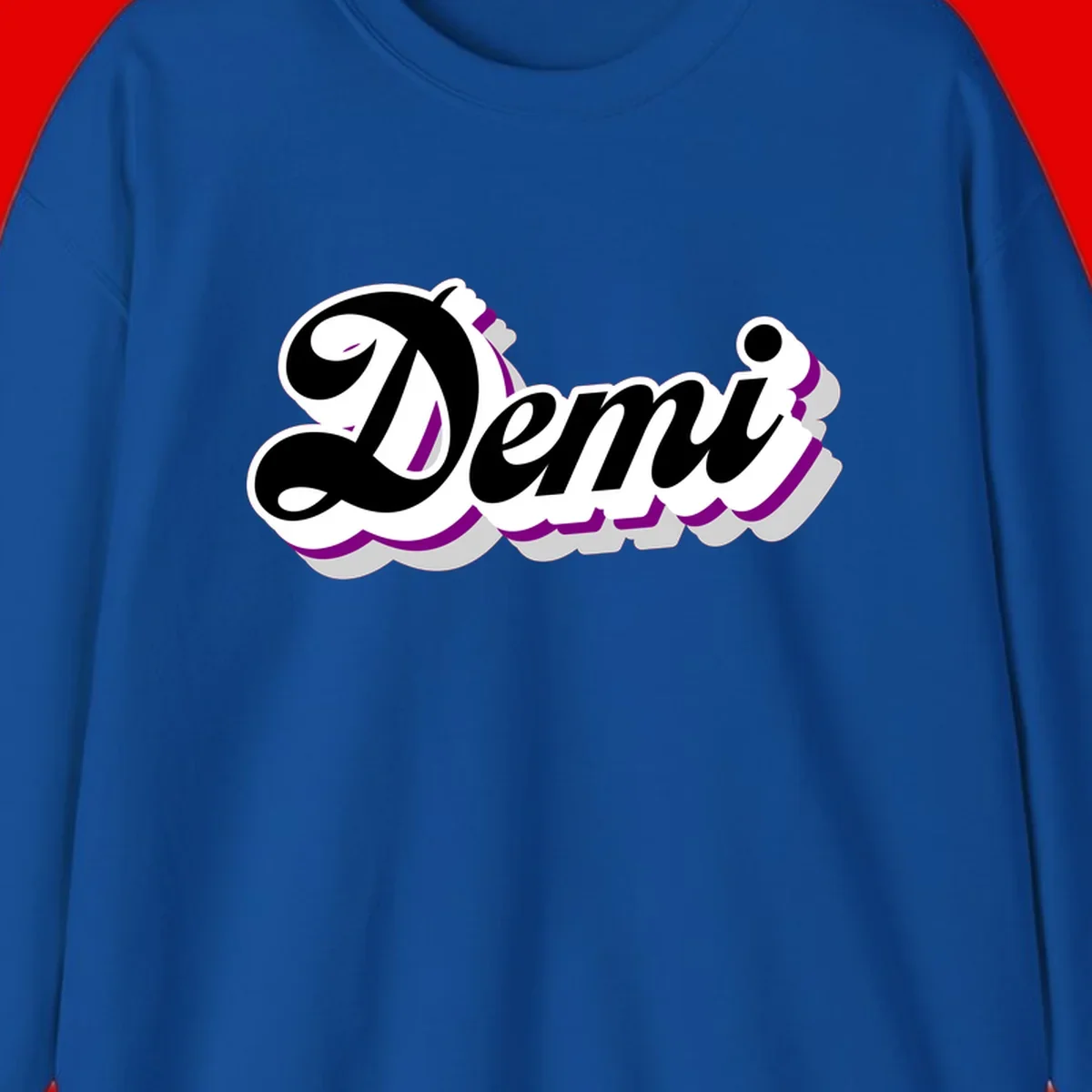 Demi script name design with purple accents and cloud-shaped background layers