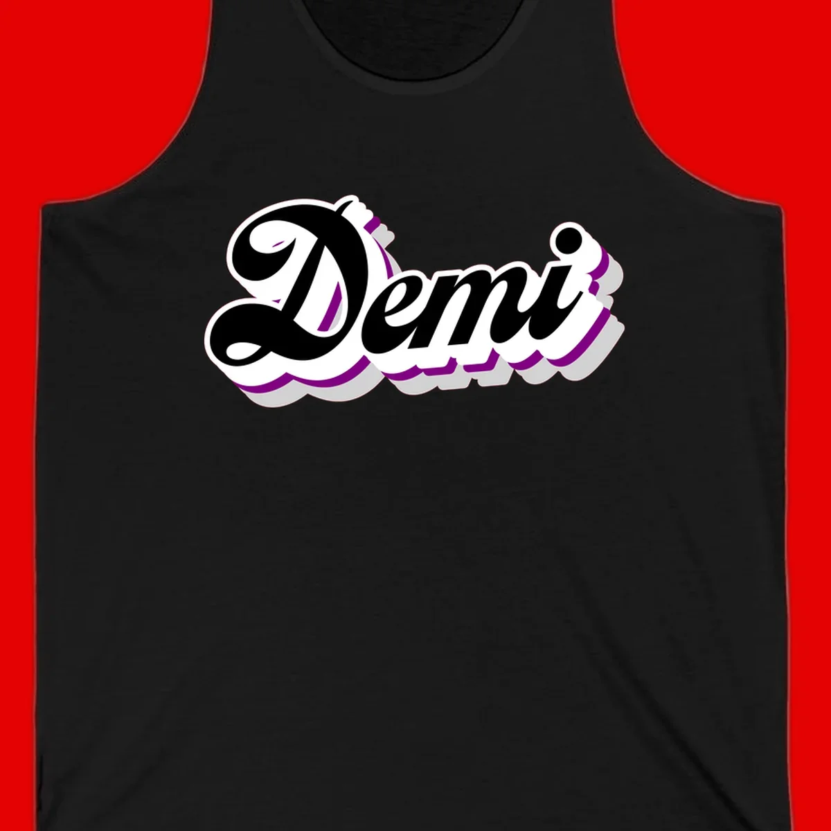 Demi script name design with purple accents and cloud-shaped background layers