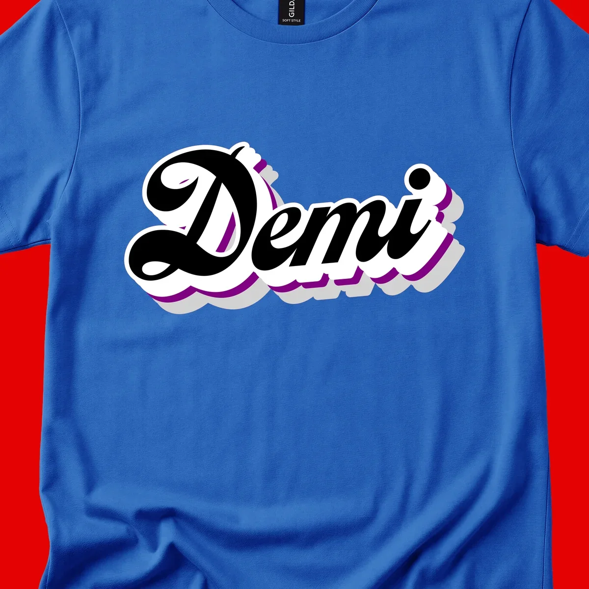 Demi script name design with purple accents and cloud-shaped background layers
