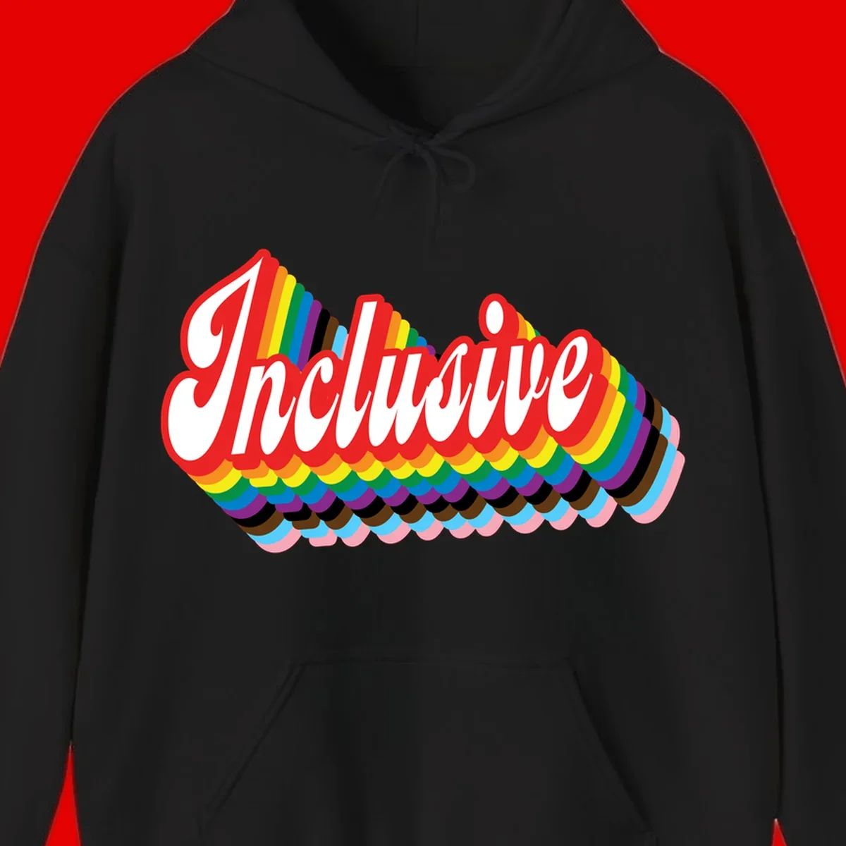 Inclusive pride rainbow design with bold red 3D lettering and layered rainbow wave stripes in full spectrum colors