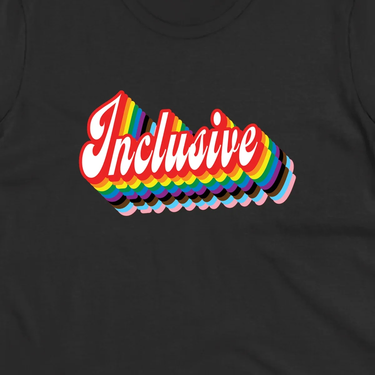 Inclusive pride rainbow design with bold red 3D lettering and layered rainbow wave stripes in full spectrum colors