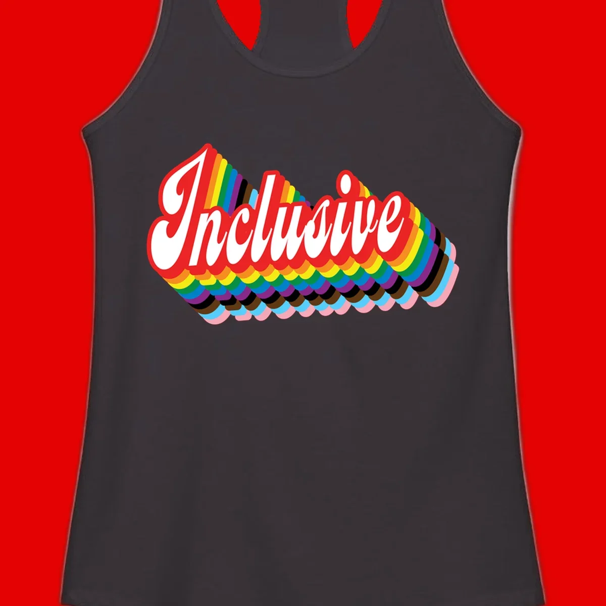 Inclusive pride rainbow design with bold red 3D lettering and layered rainbow wave stripes in full spectrum colors
