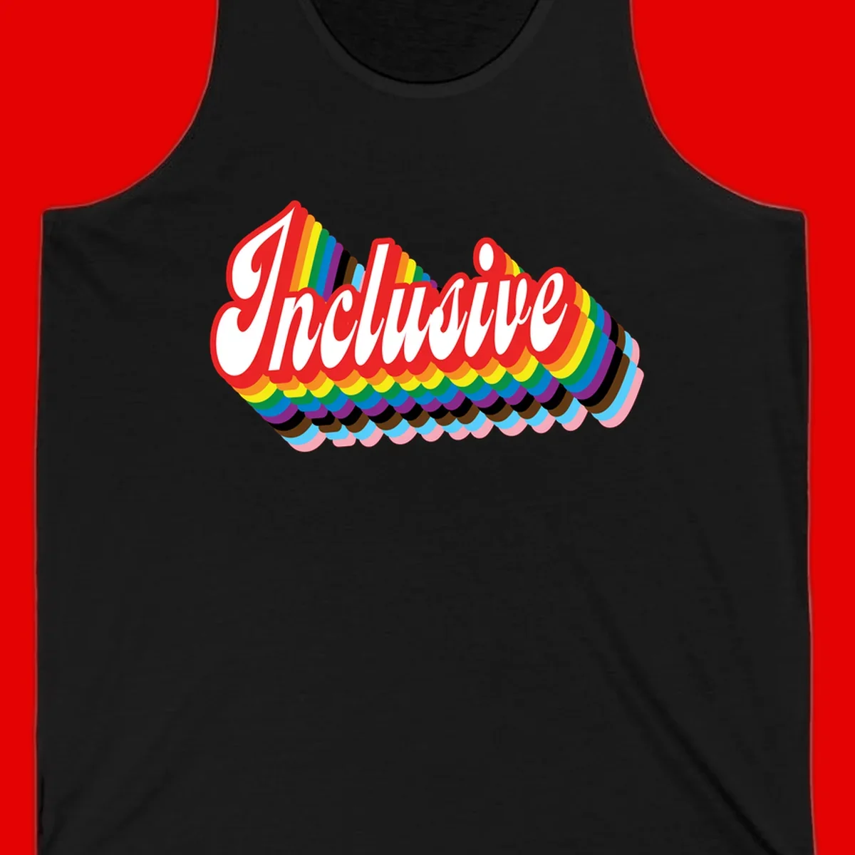 Inclusive pride rainbow design with bold red 3D lettering and layered rainbow wave stripes in full spectrum colors