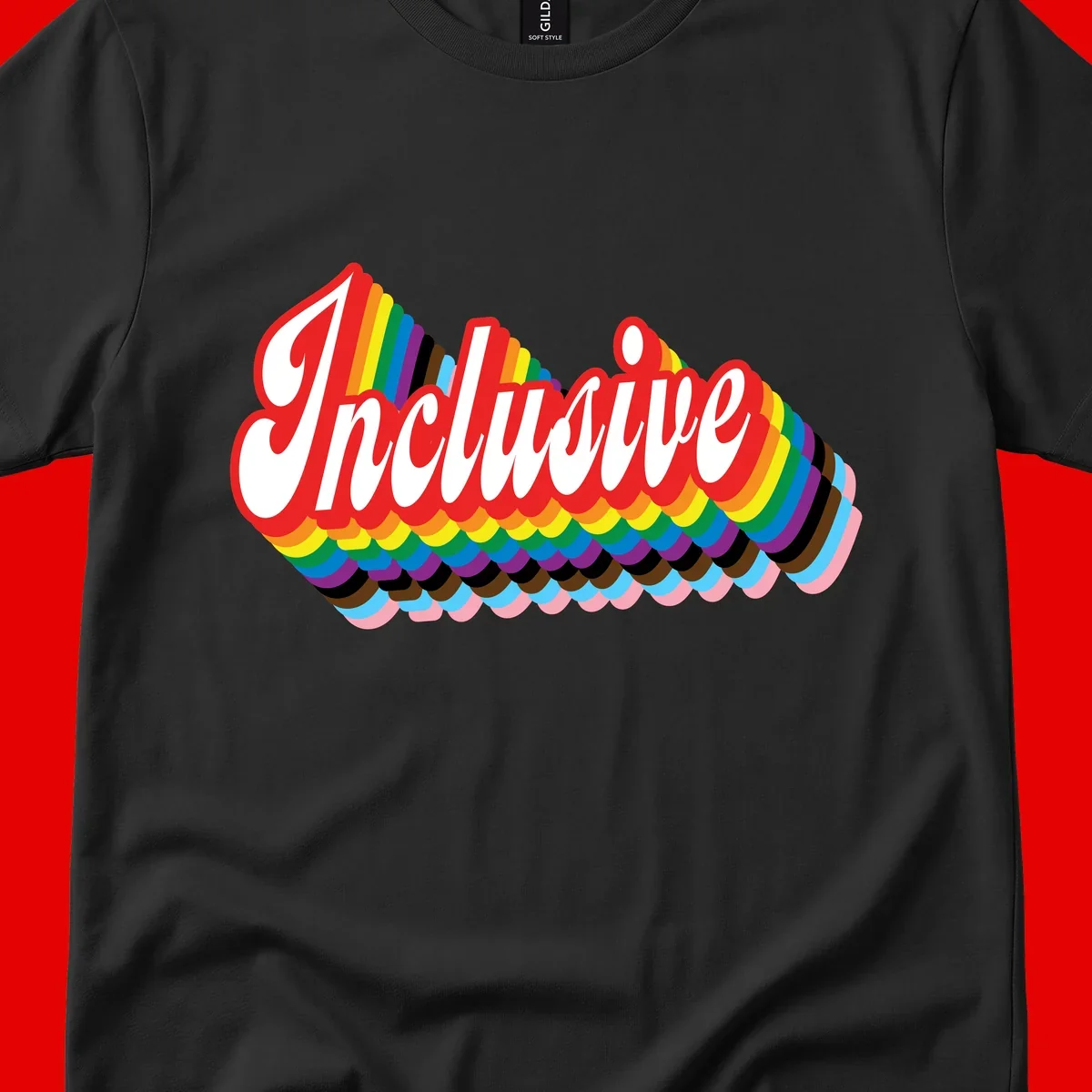 Inclusive pride rainbow design with bold red 3D lettering and layered rainbow wave stripes in full spectrum colors