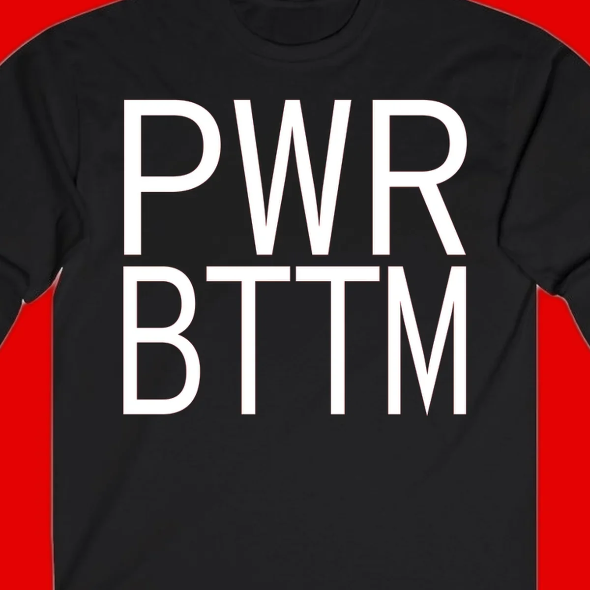 PWR BTTM pride shirt design with bold white sans-serif lettering stacked vertically on gray background