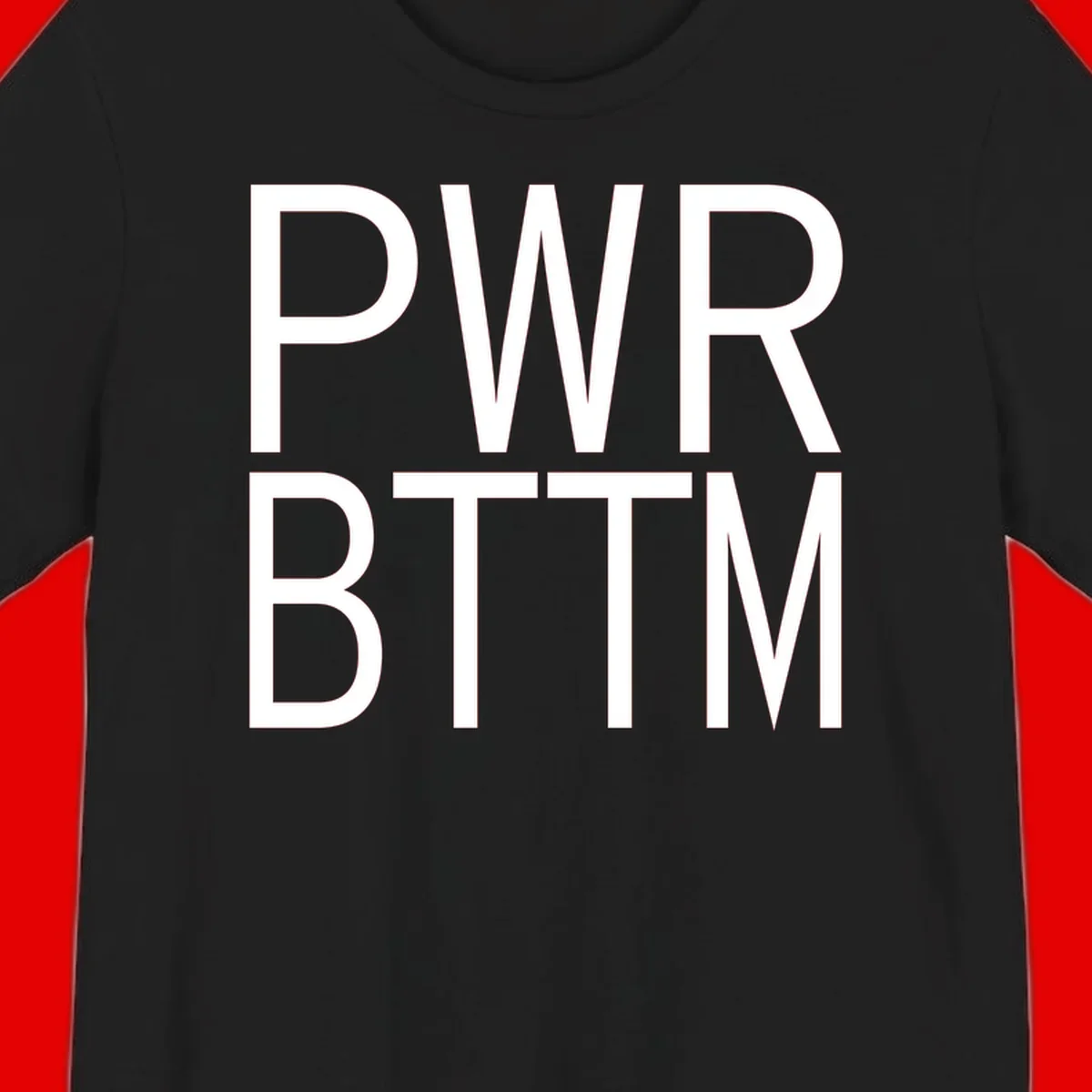 PWR BTTM pride shirt design with bold white sans-serif lettering stacked vertically on gray background