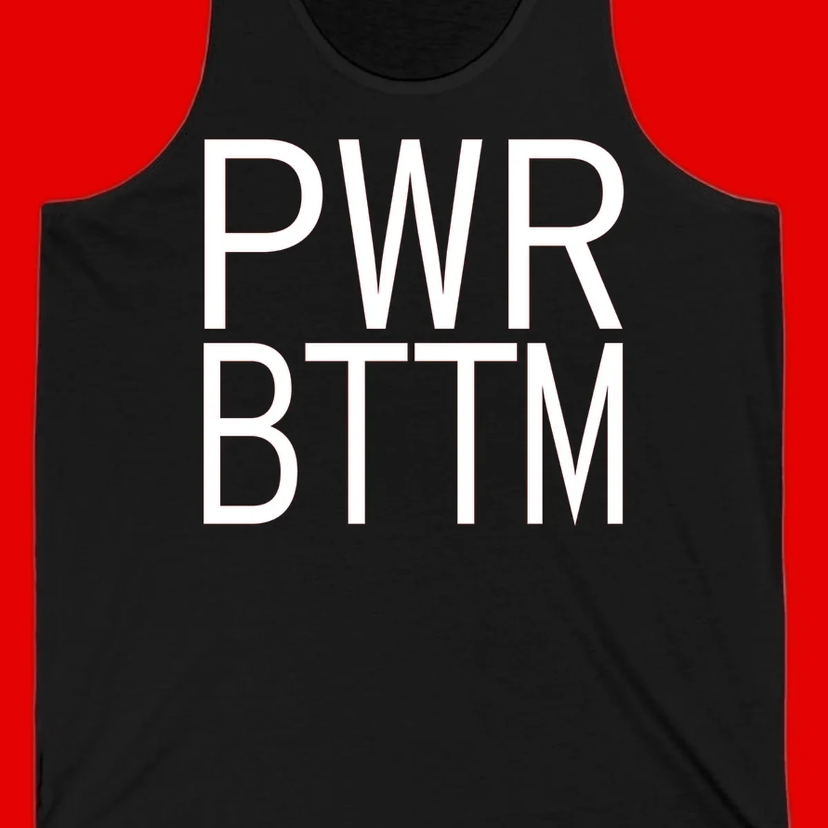 PWR BTTM pride shirt design with bold white sans-serif lettering stacked vertically on gray background