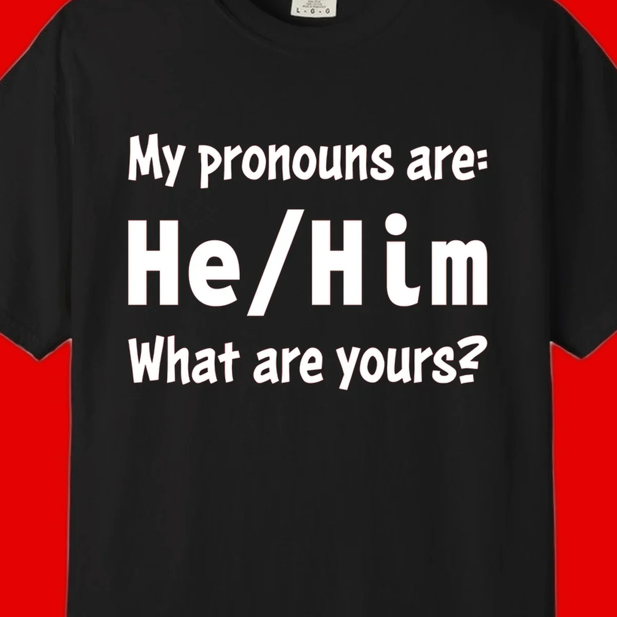 White text on gray background reading 'My pronouns are: He/Him What are yours?' - a he/him pronouns pride design
