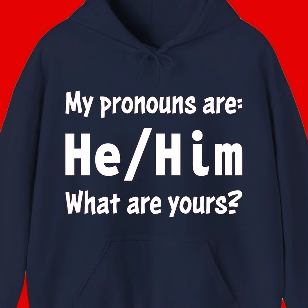 White text on gray background reading 'My pronouns are: He/Him What are yours?' - a he/him pronouns pride design