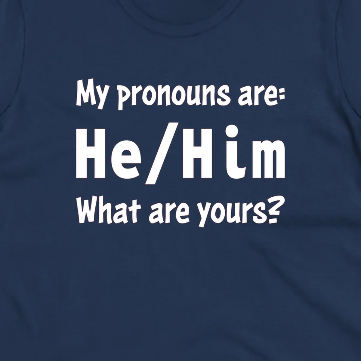 White text on gray background reading 'My pronouns are: He/Him What are yours?' - a he/him pronouns pride design