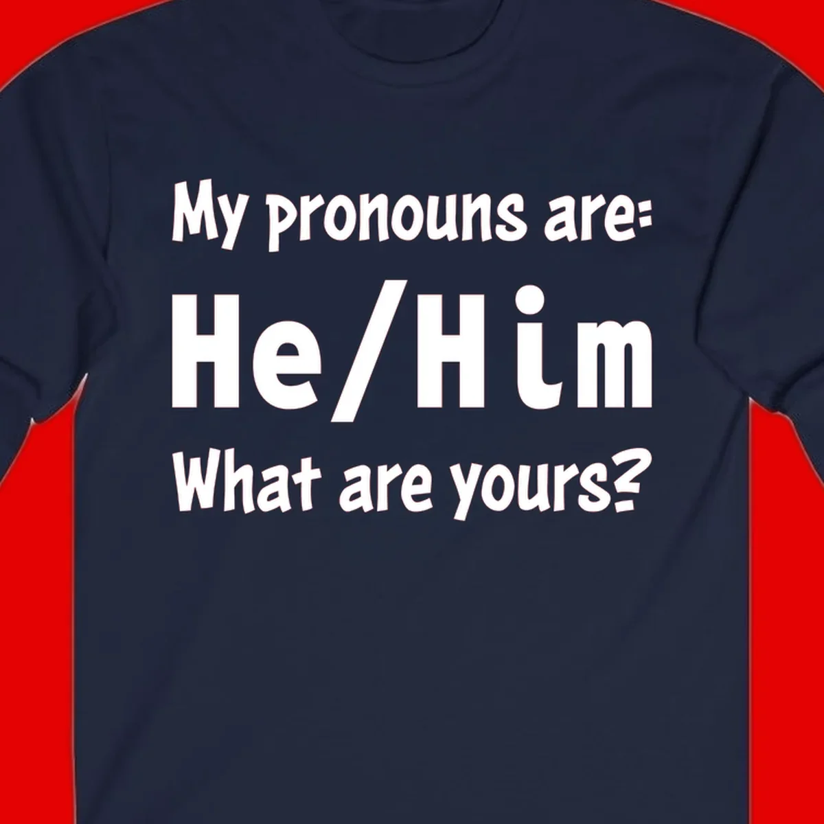 White text on gray background reading 'My pronouns are: He/Him What are yours?' - a he/him pronouns pride design