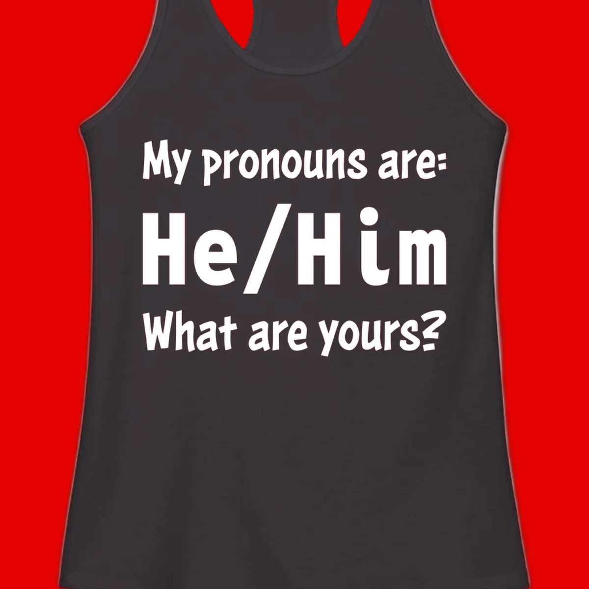 White text on gray background reading 'My pronouns are: He/Him What are yours?' - a he/him pronouns pride design