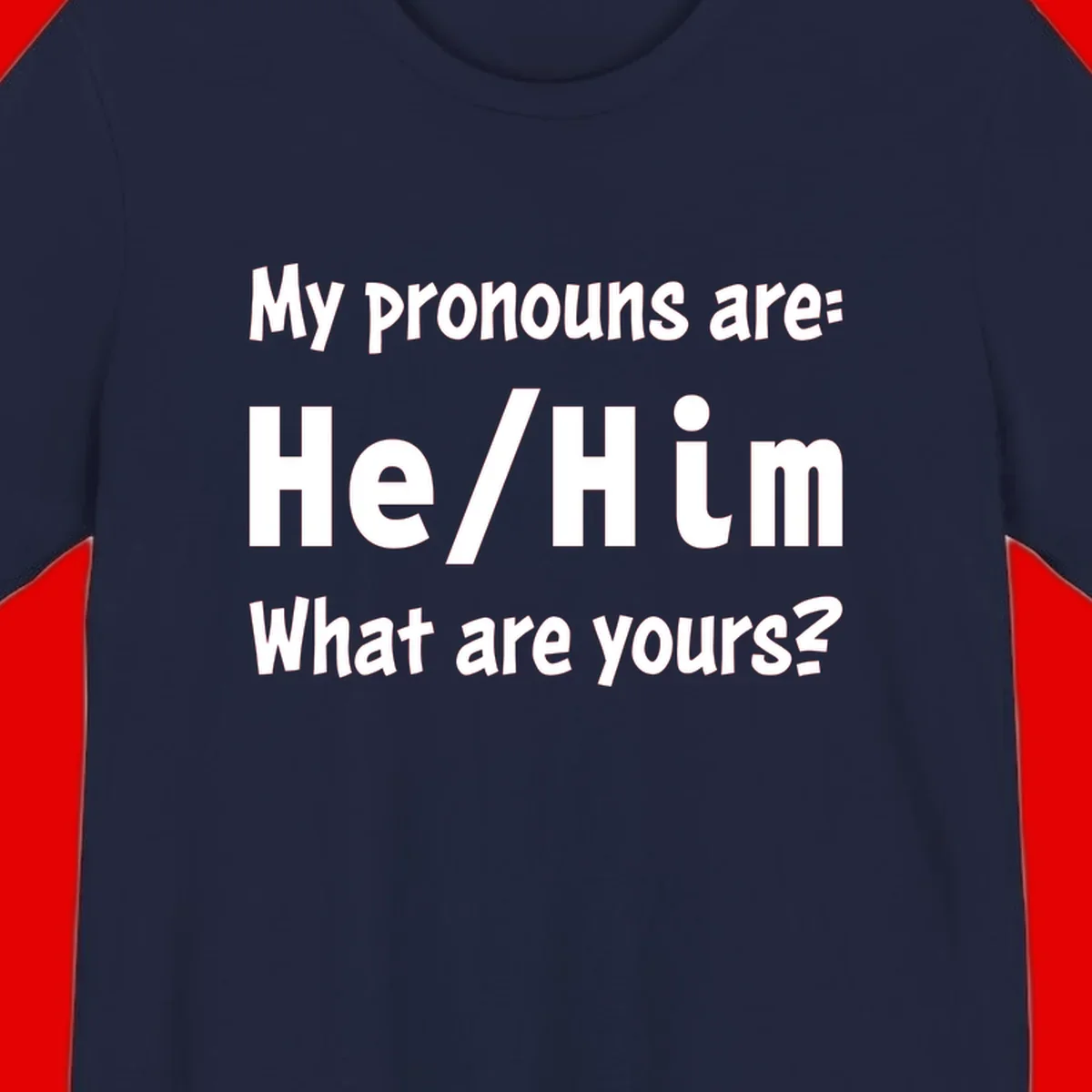 White text on gray background reading 'My pronouns are: He/Him What are yours?' - a he/him pronouns pride design