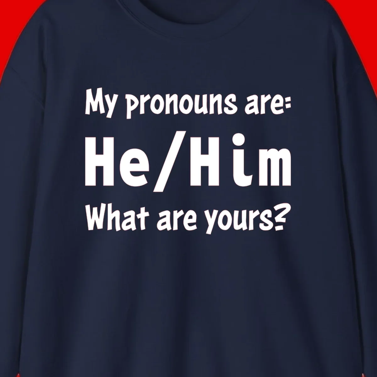 White text on gray background reading 'My pronouns are: He/Him What are yours?' - a he/him pronouns pride design