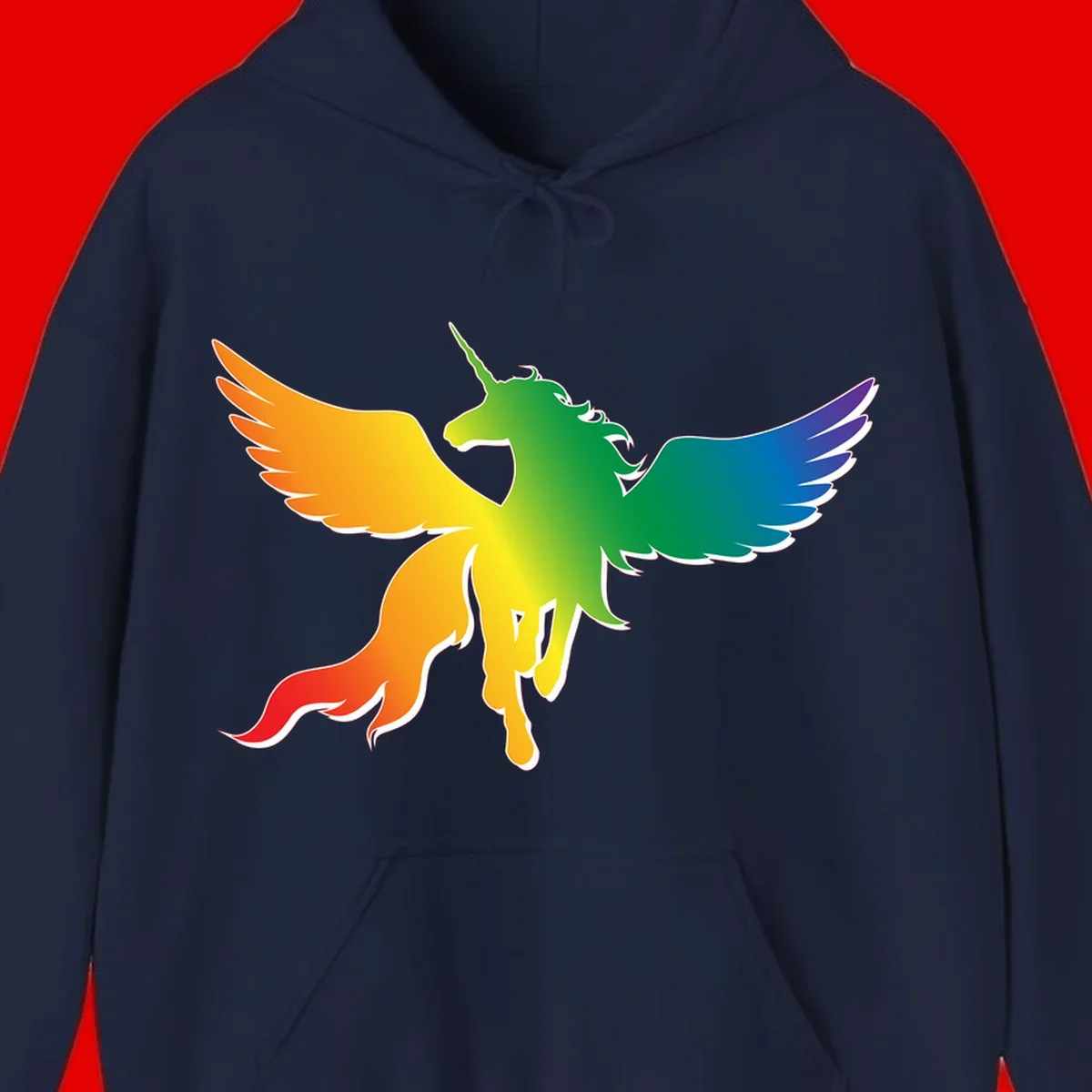 Rainbow-winged unicorn with flowing mane and horn, gradient colored from orange to purple in pride flag colors